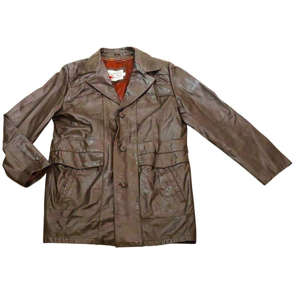 Vintage 70s Sears The Leather Shop Brown Leather Jacket Mens 40 Tall Retro